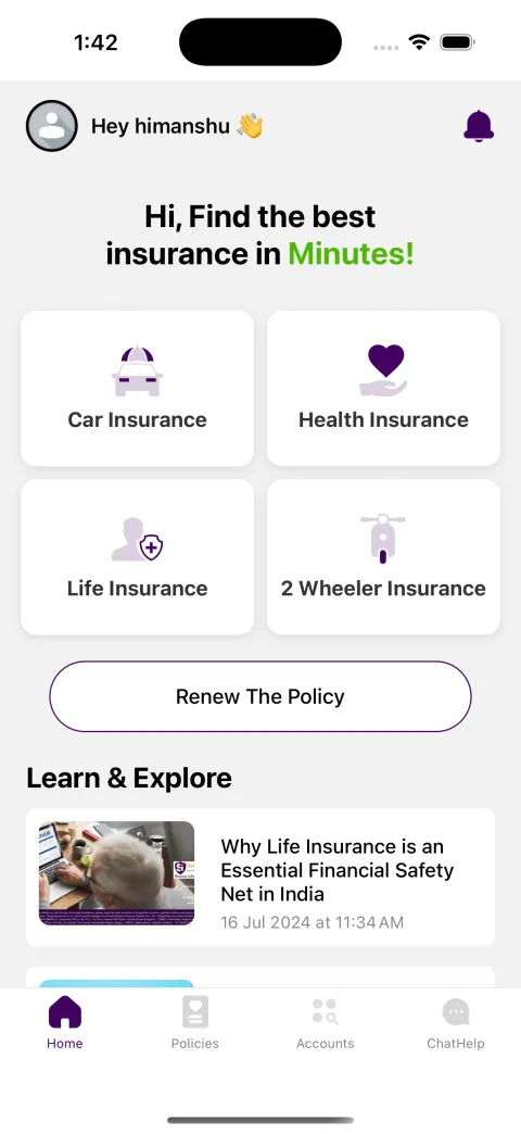 SimpliInsure app screenshot 1 — Insurance Made Simple built in React Native by Himanshu Joshi